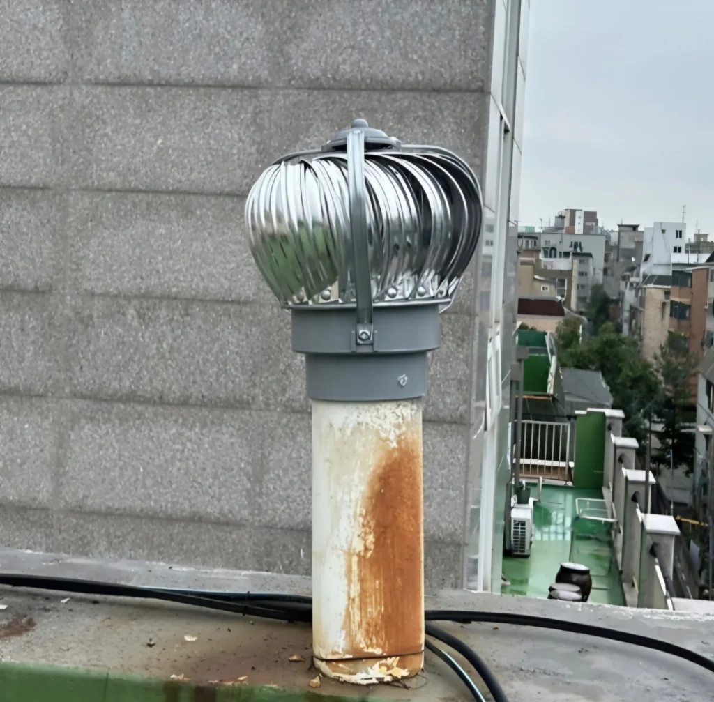 옥상 환기구에 새 환풍기가 교체 설치된 모습